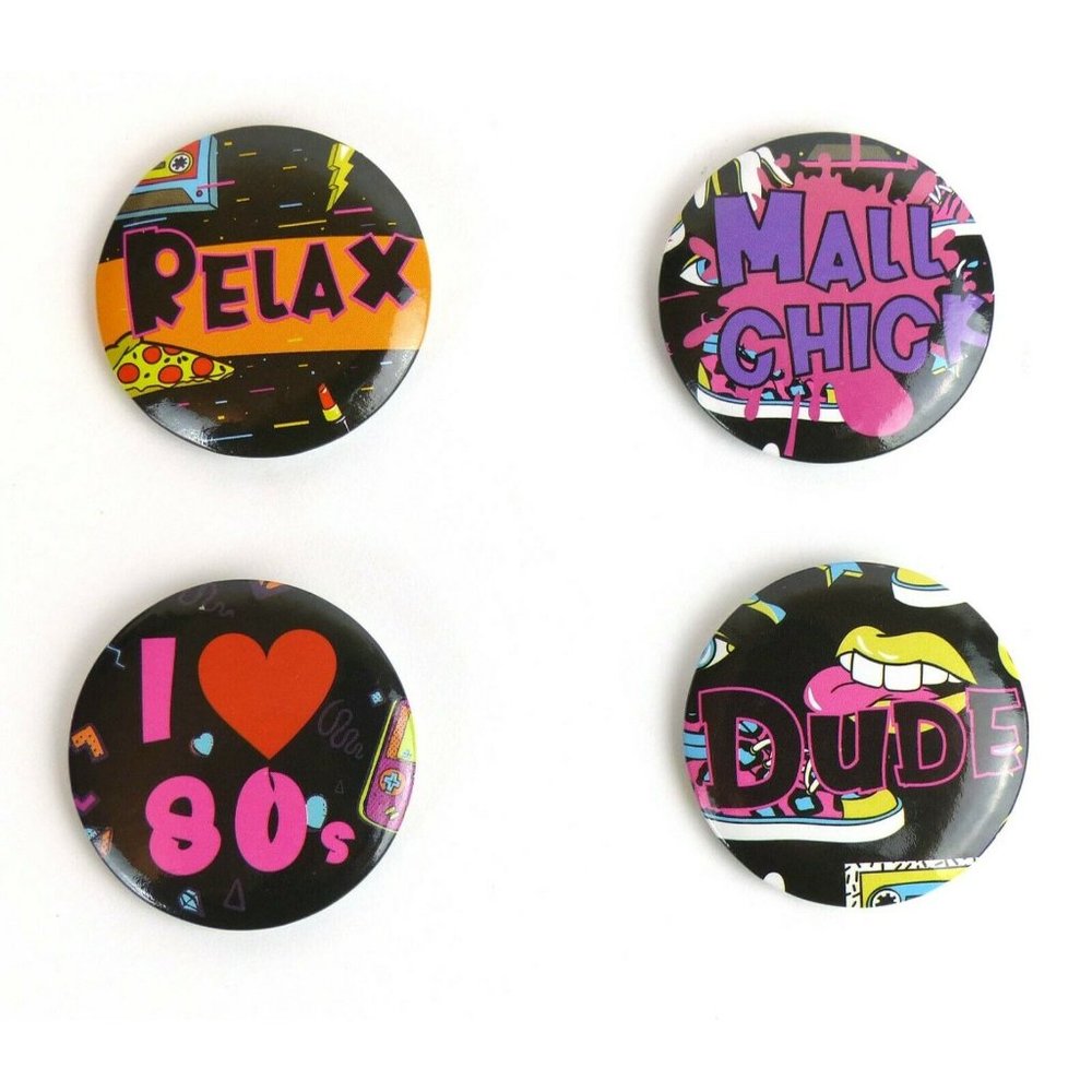 Set of 4 80s Plastic Round 1 1/2" Button Pin Back Slogans Sayings Party Dude